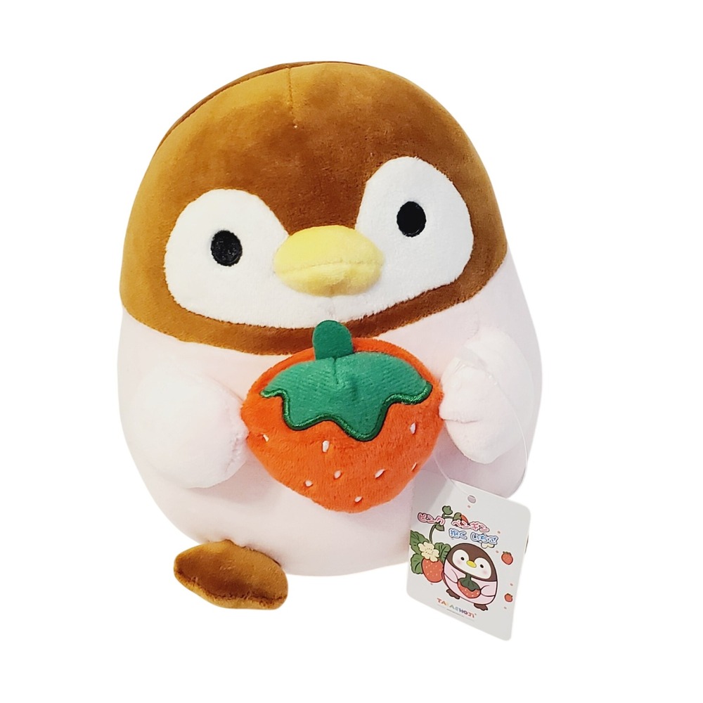 Takashoji Pink Penguin Holding Strawberry Plush Toy Kawaii Brown Pink 7 Inch